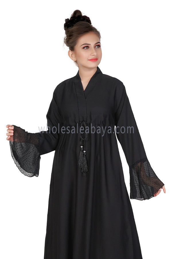 Girls Nida Abaya With Flare Chiffon Sleeves And Drawstring Belt 70345