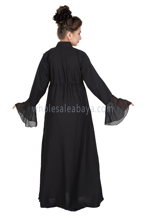Girls Nida Abaya With Flare Chiffon Sleeves And Drawstring Belt 70345