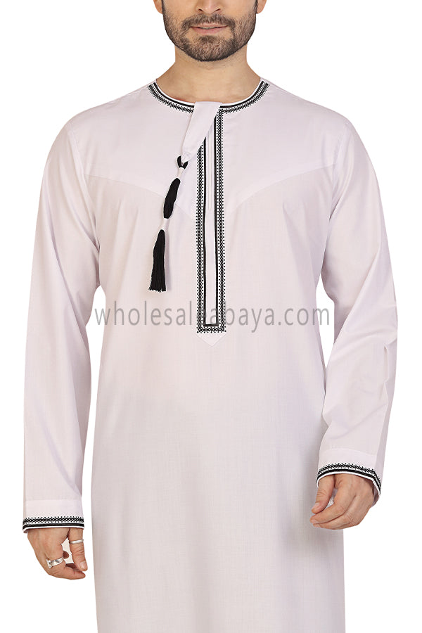 Men's Omani Thoube with Embroidery and Designer Tassel White